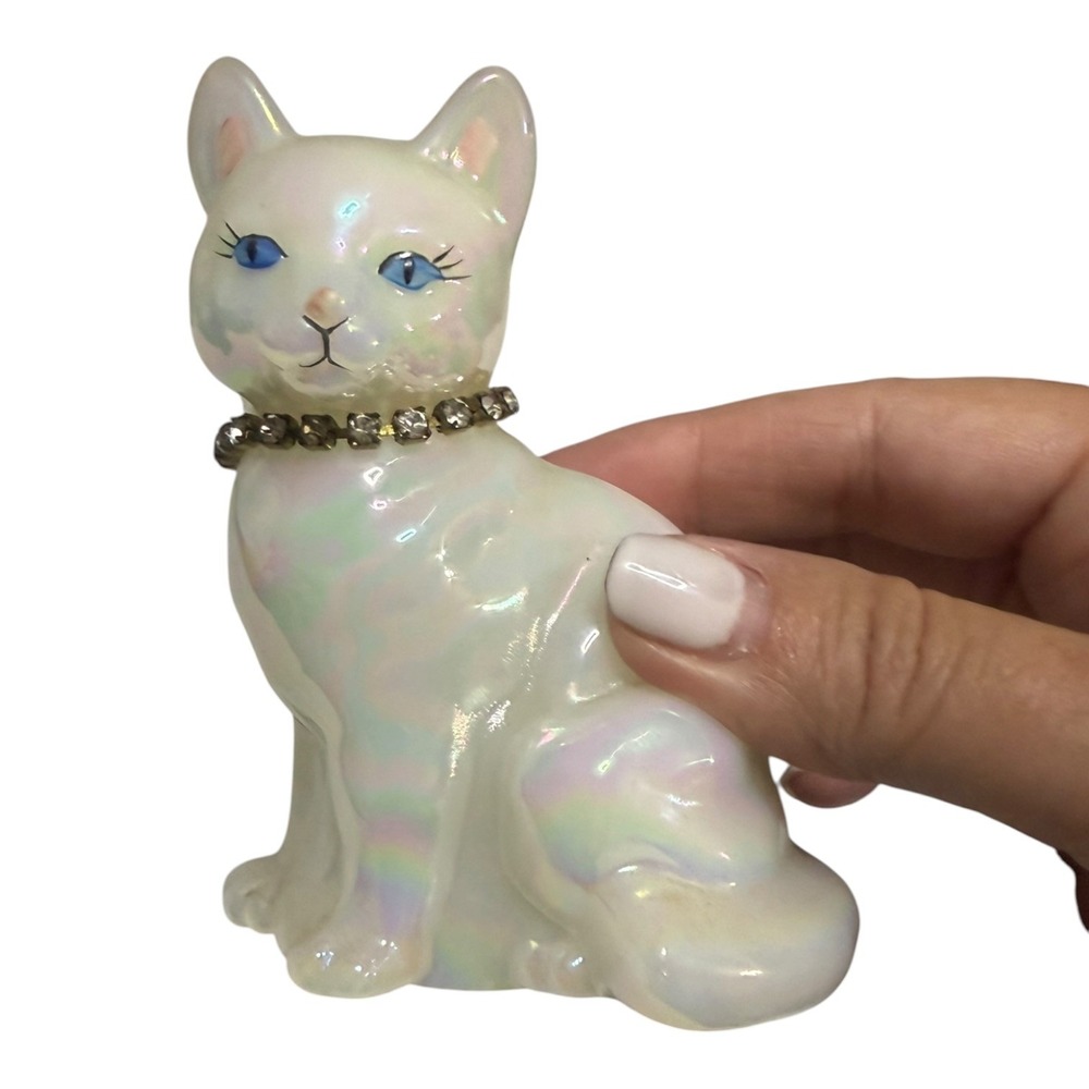Vintage B Montgomery Signed Iridescent Opalescent Ceramic Cat Rhinestone Collar